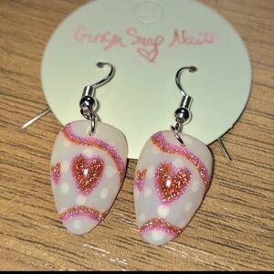 Press On Nail Earrings Pink Red Reflective Glitter Heart Valentines Day